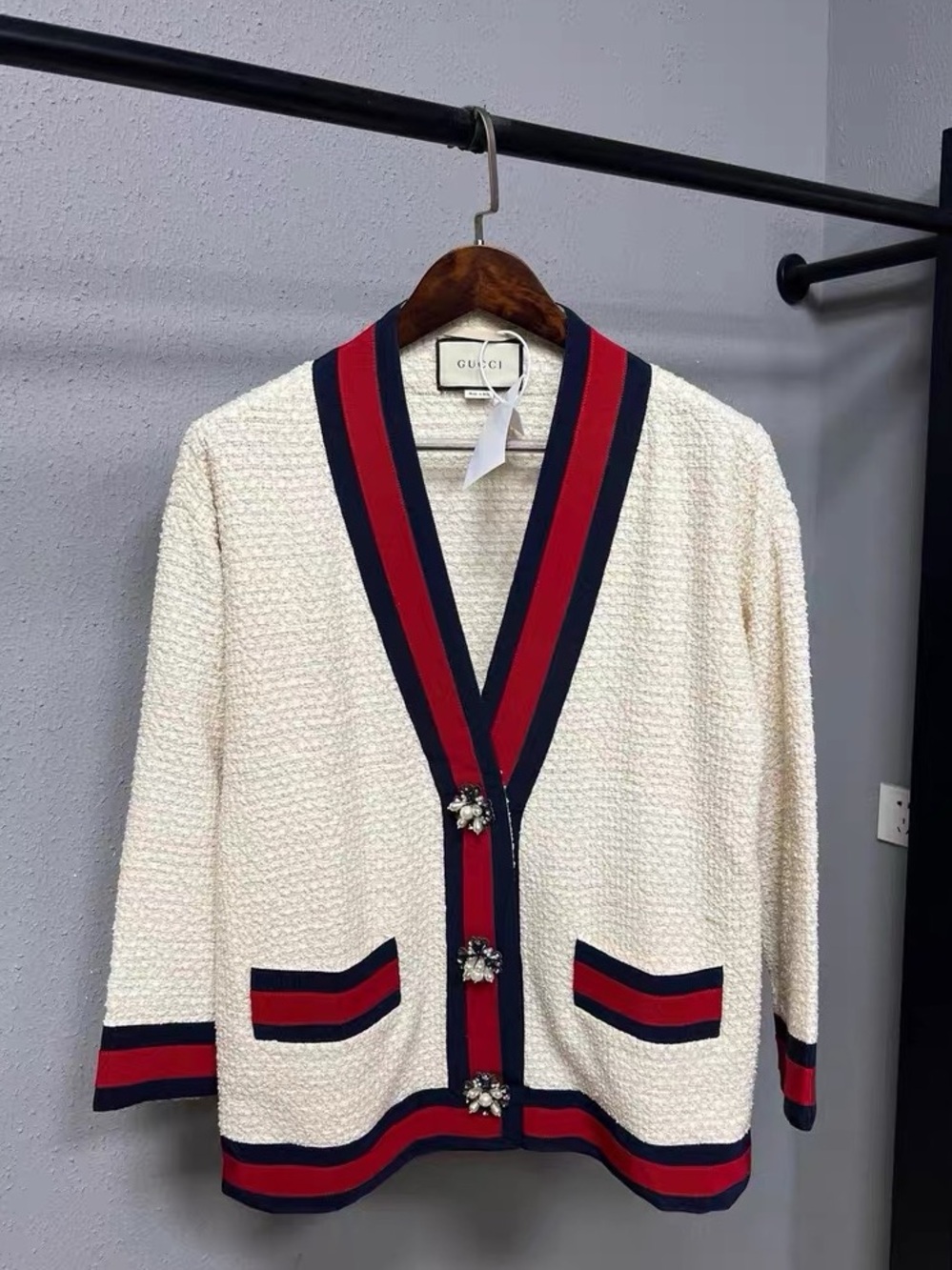 Gucci Cream Tweed Jacket with Navy & Red Trim